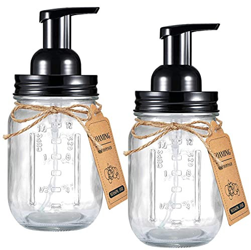 Amolliar Mason Jar Schaumseifenspender, rostfreier Edelstahldeckel/BPA-freie Pumpe, mit Etiketten, rustikale Bauernhaus-Dekoration, Handseifenspender für Badezimmer, Waschtisch, schwarz, 2er-Pack