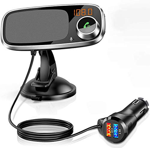 Transmetteur FM Bluetooth avec Support Téléphone, Adaptateur Radio FM Émetteur Kit Main Libre QC3.0 USB Chargeur Rapid Voiture, Support Carte 64G TF/Audio 3,5mm / Siri/Google, Peut Pivoter à 360°