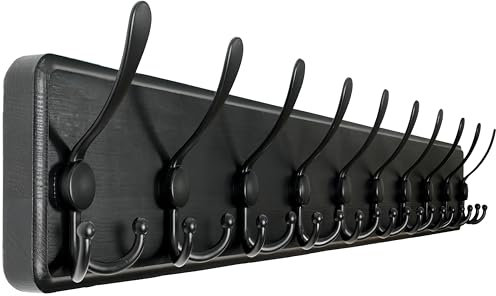 WEBI Garderobenleiste,98cm Lang Garderobenhaken mit 10 Dreifachhaken,Wandgarderobe Holz,Kleiderhaken Wand,Hakenleiste Garderobe,Jackenhalter Wand für Mäntel,Jacken,Schwarz