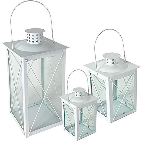 FineHome Schönes 3er Set Gartenlaternen Metall Windlicht Laternen Kerzenhalter Set Höhe 16/20/36cm mit Metallgriff Weiß