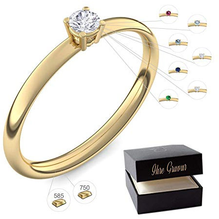 Verlobungsring Gold 585 750 PERSONALISIERT + ETUI mit individueller GRAVUR Damen-Ring Heiratsantrag Diamant-Ring Zirkonia Aquamarin Rubin Smaragd Saphir Brillant Blautopas.