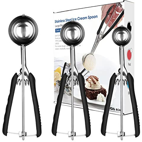 Tarnel Juego de 3 cucharas de helado de acero inoxidable 304 para helado, melón, albóndigas, pasteles, masa, galletas, arroz, 3 tamaños, cucharas de helado