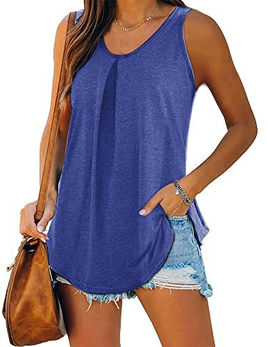 iChunhua Women Casual Summer Vest Tank Tops Crew Neck Flowy Longline Sleeveless Tee Blouse Blue Large