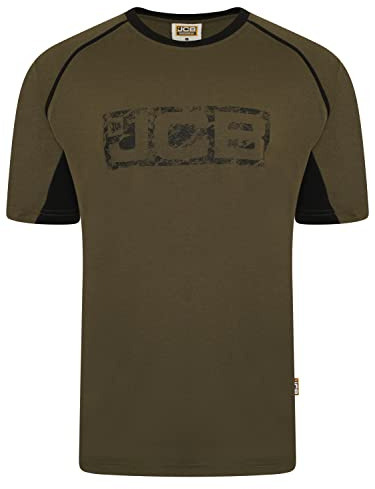 JCB Workwear - Trade Work T Shirt - Mens T Shirt for Work - Distressed Logo - Contrast Accents - 100% Cotton T Shirt - Olive/Black - Size 3XL