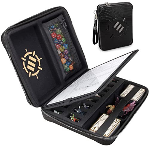 ENHANCE RPG-Organizer-Etui, Sammleredition – DND-Ordner mit integriertem Charakterbogenhalter, Würfelrollbereich, herausnehmbarer Stifttasche, Miniatur-Schaumstoffablage (Drachen Schwarz)