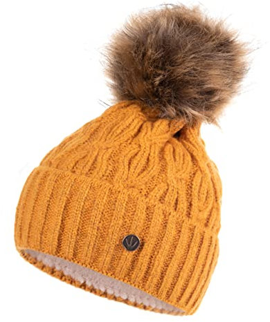 HEYO Damen Mütze für Winter | Fleece Futter | Strickmütze Warme Beanie | Wintermütze mit Bommel H22510 (Senfgelb)