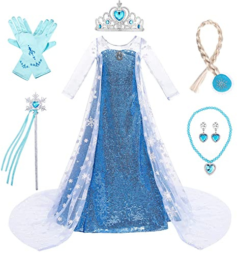 LOBTY Mädchen Prinzessin Elsa Kleid mit Zubehör Krone Halskette Eiskönigin Kostüm Prinzessin Geburtstag Party Weihnachten Party Halloween Karneval Cosplay Kleid für Kinder Blau, 100