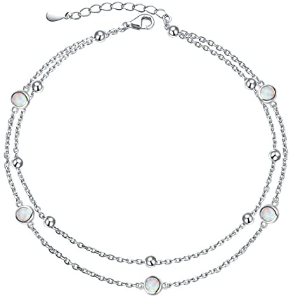 Flyow Opal-Fußkettchen für Damen, S925-Sterlingsilber, Fußperlen, Boho-Labor-Opalstein, geschichtetes Knöchel-Armband, Fußkettchen, Strandschmuck