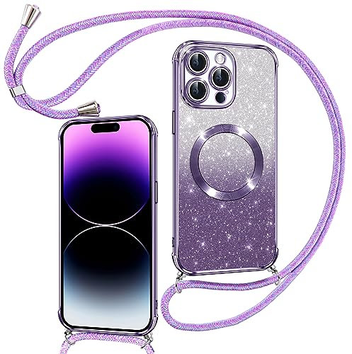 Phoona Handyband Hülle für iPhone 14 Pro Max mit Band [kompatibel mit MagSafe], Luxuriöse Glitzer Beschichtung Magnetische Handyhülle für iPhone 14 Pro Max Silikon TPU Stoßfest Schutzhülle, Lila