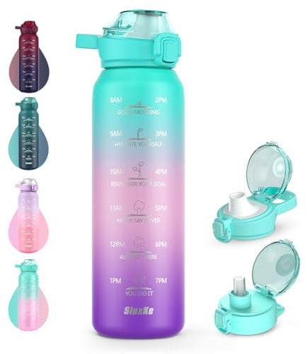 SLUXKE Trinkflasche Edelstahl 1000ml mit Zeitmarkierung, 1L Thermosflasche mit Auslaufsichere Deckel, 1Liter Lsolierflasche Doppelwandig für Heiße, Kohlensäure und kalte Getränke