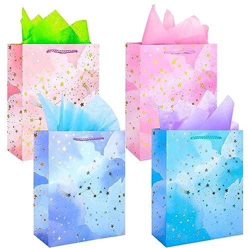 4 Gift Bags (9 x 7x 4 inch), Gift Bags for Presents with Tissue Paper Birthday Wedding Party Shopping Bags for Women Men Kids Teachers Graduation Gift Bags