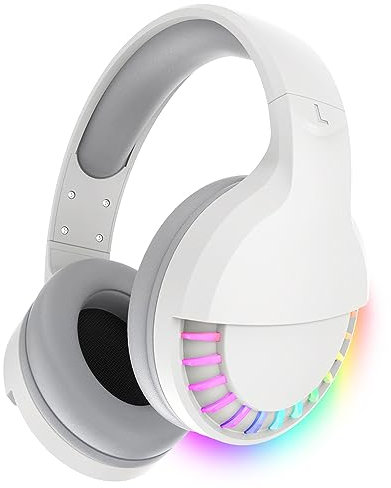 Wireless Bluetooth Headphones Over Ear, Wireless & Wired Dual Mode, RGB Noise Cancelling Headset, Hi-Fi Stereo, 1000mAh Battery Capacity, Bluetooth 5.0 Headphones with Mic for PC/Laptop/Phone (White)
