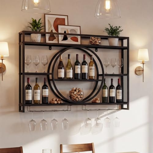 COSTWAY Wall Mounted Wine Rack, 5-Tier Hanging Bar Shelves with Glass Holder, Metal Liquor Bottle Display Storage Shelf for Home Bar, Dining Room and Restaurant