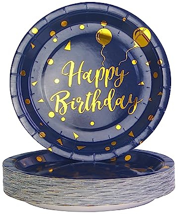 EVYIENEN 50 Pack Disposable Paper Plates 7 inch Dark Blue Gold Happy Birthday Metallic Foil Polka Dots Dessert Party Plates for Graduation Birthday Cocktail Party Weddings Holiday Christmas