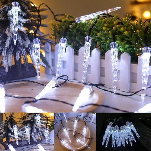KINGCOO 20LED Eiszapfen Lichterkette Außen und Innen, Wasserdicht 5M LED Solar Eiszapfenleuchten Rohr Lichter für Balkon Party Garten Haus Weihnachtsbeleuchtung Deko (Weiß)