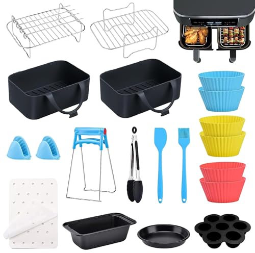 Shulltji Heißluftfritteuse Zubehör 20 Teiliges Set, Airfryer Zubehör für Ninja Foodi Max Dual Zone AF300EU AF400EU und meisten Dual Zone Air Fryer 7.6L-9.5L, Airfryer Silikon Einsatz BPA-Frei