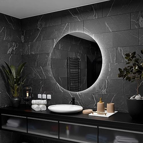 Alasta Bali Rundspiegel 70x70 cm - Personalisierbarer Spiegel, Ihrer Wahl Kosmetikspiegel mit Beleuchtung, Schminkspiegel mit Beleuchtung und Spiegelheizung, Lichtfarbe wählbar