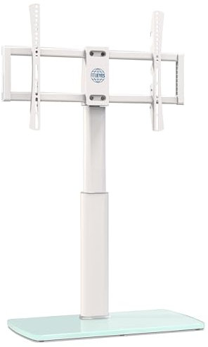 FITUEYES Support TV sur Pied et sur Table pour TV de 43-85 Pouces Hauteur Réglable,Pied TV Universel Pivotant 60° Max Capacité 50 kg avec Base en Verre Trempé Grande - Max VESA 600 mm x 400 mm