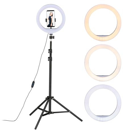 Relaxdays LED Ringlicht mit Stativ, 10 Ringleuchte dimmbar, Make-up, Fotografie & Videos, Lichtring Handy, weiß/schwarz