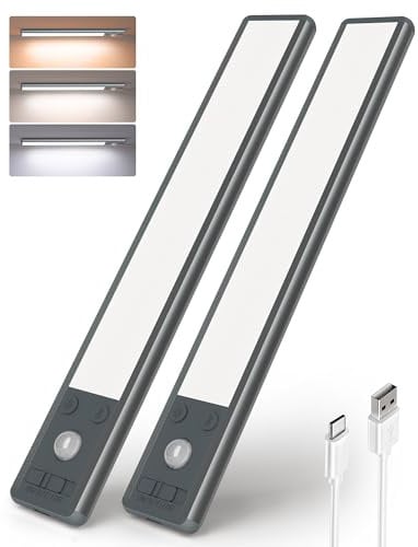 EZVALO Schrankbeleuchtung LED 25CM, 80 LED Schrankleuchte Kabellos mit Bewegungsmelder, 1900mAh Aufladbar 3 Farbmodi Dimmbar Schranklicht, Unterbauleuchte Küche für Schrank, Küche, Schwarz (2 Stück)
