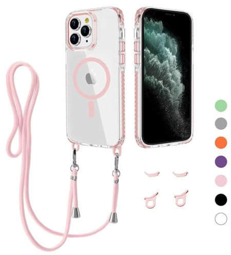 MBSLFY Handyband Handyhülle für iPhone 13 Pro Max Hülle mit Band [Kompatibel mit Magsafe] Transparente Magnetisch Handyhülle mit Abnehmbar Schutzhülle kompatibel mit iPhone 13 Pro Max, Rosa