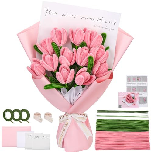 UzecPk Pfeifenreiniger Handwerk, Pfeifenreiniger Blume Kit, Handwerk Pfeifenreiniger, Chenille Pfeifenreiniger mit Geschenkpapier, Schritt für Schritt Video Tutorials für Geburtstag Heimdekoration