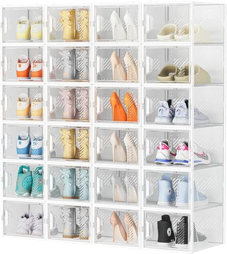 SIMPDIY Shoe Storage Box,24 pcs Shoe Boxes Clear Plastic Stackable, Shoe Organizer Containers with Lids for Women/Men,Fit up to UK 12