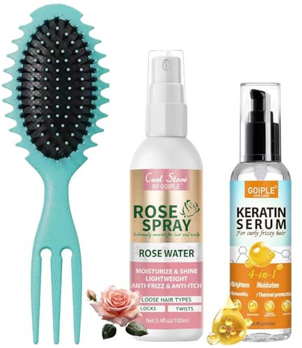 Sérum Kératine Cheveux Secs et Abîmés, Huile Chveux Secs et Abimés, Rose Water Spray Pour Cheveux Hydratant Anti-Grincheux, Produits Lisses Brosse Chveux Bouclés, Curl Hair Styling Brush Pour Hommes