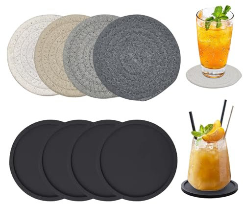 4Pcs Sous-Verres en Coton et Silicone - Résistant à la Chaleur, Tressé Absorbant, Rond Noir pour Tasse Café Bière
