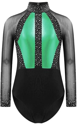 Fldy Kinder Turnanzug Mädchen Glitzer Langarm Gymnastik Trikot Metallic Mesh Patchwork Tanz Ballettbody Leotard Mit Strass Wettkampf Tanzkleidung Grün 122-128