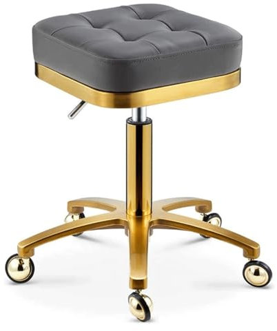 Square Rolling Stool w/Wheels Height Adjustable Leather Swivel Bar Stool Vanity Lash Nail Salon Spa Roller Chair - Heavy Duty Gold Plated Frame