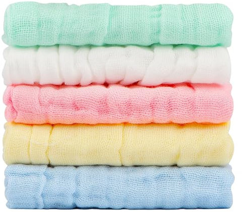 GmwyCzV 5 Pièces Langes Coton BéBé, Lingette Lavable Bebe, Carrés Mousseline Coton 25x50cm, Serviettes Bébé 100% Coton Bio, Doux Absorbant Respirant, Bordure Renforcé, Multi-Usages: Cadeau, Bavoir