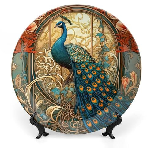 Schöne Vogel-Keramik-Dekoteller, Pfau-Dekoschale mit Ständer, Pfauen-Knochenporzellan, dekorative Teller, Kunst-Porzellan-Teller für Wohnzimmer, Flur, Tischdekoration