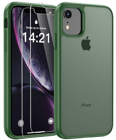 FLLAO Mat Coque Compatible avec iPhone XR et 2 Pièces Protection Verre Trempé,Protection Antichoc Qualité Militaire,Anti-Jaunissement étui de Housse Arrière Translucide Givrée. (Vert foncé)