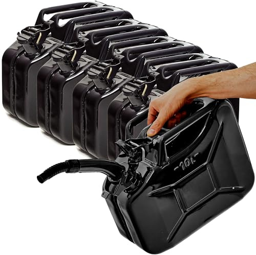 BW® Benzinkanister Metall 5x 10 Liter mit Ausgießer - Kraftstoffkanister Schwarz - RAL 9005 - TÜV-geprüft und UN-Zulassung - 0,9mm Stahl nach DIN 7274 - Made in Europe