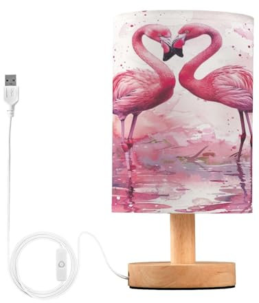 SKYSHU Lampe de chevet flamant rose, petite lampe de bureau LED USB avec base en bois antidérapante et abat-jour agréable pour les yeux pour salon, chambre à coucher, dortoir, maison, bureau