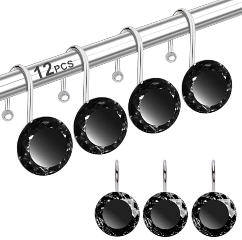 12PCS Shower Curtain Hooks Rings for Bathroom, Stainless Steel Rust Resistant Decorative Rhinestones Shower Curtain Rings Hangers for Shower Curtains, Clothing, Towels, etc. (Black)