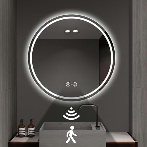 FLTRGO Runder LED -Spiegel, 24 -Zoll -Kreisspiegel Mit Lichtern, Spinktisch Mit Wasserdichtem Bildschirm An Der Wand Mit Automatischem Sensor ~//