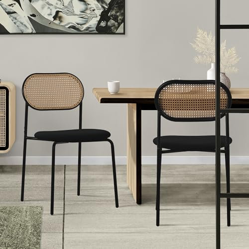 ML-Design Esszimmerstühle 2er Set, Schwarz, Küchenstuhl mit Rattan Rückenlehne, Gepolsterte Stühle mit gebogener Netzrücke, Rattanstuhl mit Metallbeinen, Polsterstühle Akzentstühle für Esszimmer Küche