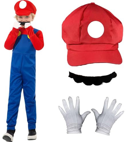 AYNKH Costume da Mario per bambini, body da Mario, cappello bianco, guanti bianchi, baffi, accessori per costume per Halloween, carnevale, feste cosplay (XS)