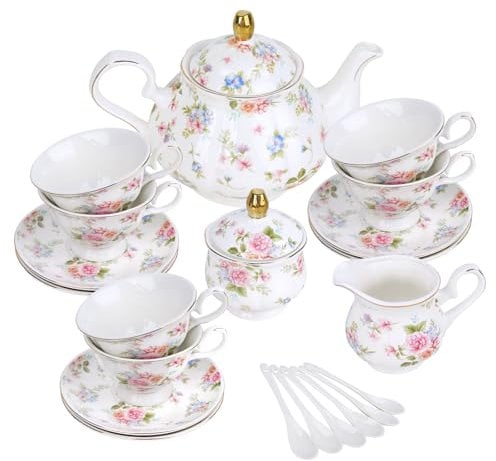 fanquare Service à thé 21 pièces aux couleurs pastel avec détails en relief, service à café en porcelaine vintage avec bordure dorée, 6 tasses et soucoupes pour les femmes, goûter