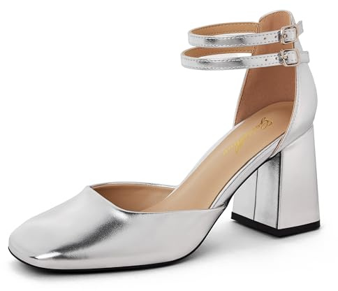 GENSHUO Scarpe Eleganti da Donna con Tacco a Blocco, Doppio Cinturino alla Caviglia, Punta Squadrata, Comodi Tacchi Alti, Argento Opaco, 39 EU