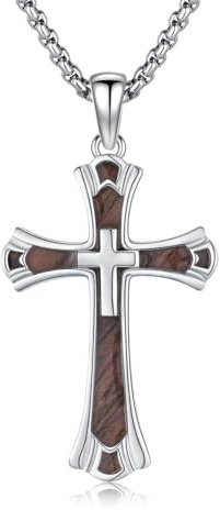 DOTBJ 925 Sterling Silber Kreuz Anhänger Kette Halskette Holz für Herren Damen mit Edelstahlkette 55,88cm + 5cm