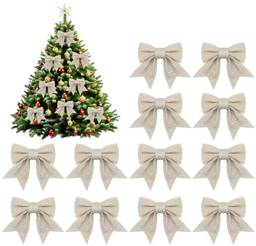 Leikedun 12 Weihnachtsschleifen, 12 x 15 cm, große Größe, Schmetterlingsband, glitzernde Weihnachtsbögen, Weihnachtsbaumschleife, Weihnachtsbaumdekoration, (Champagner)