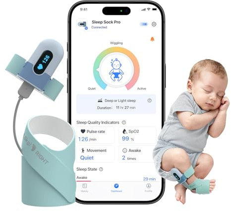 Babytone Baby Pulse Oximeter, Smart Baby Sock Tracking Oxygen Level, Heart Rate and Movement, with Sleep Pattern Analysis Wearable Infant Foot Monitor with Free APP Bluetooth for 0-36 Months Newborn