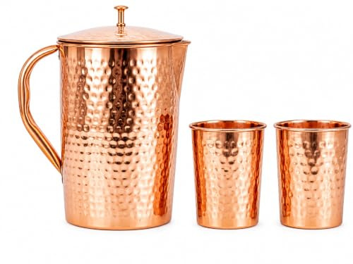 Hammered Copper Water Jug with Lid and 2 Copper Glasses Set | Pure Copper Pitcher for Water Storage & Serving | Traditional Handcrafted Copper Drinkware Set for Home, Kitchen & Dining
