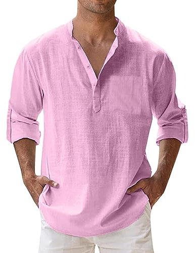 Chemise Homme en Lin – Col Henley, Manches Longues, Chemise d’Été Respirante, Coupe Décontractée, S-5XL