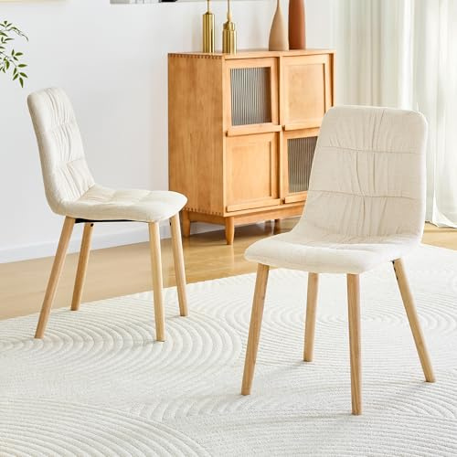 Hmluxury 2 Stuhl Set, Esszimmerstühle Weiß Stoff Mit Faltenwurf, Massivholz Eiche Beine, Ergonomisch 88 cm Hoch Modern Nordisch Für Küche, Esszimmer
