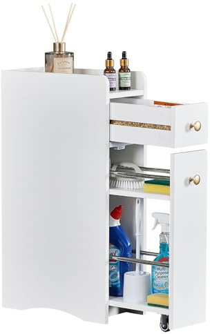 LEADZM Badezimmerschrank klein, Badschrank schmal | Kleiner Schrank für Toilettenpapier, Toilettenschrank mit Rollen, für kleine Räume (Weiß)