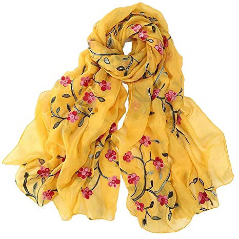Pluto & Fox Damen Foulard bestickt mit Blumen Seidenschal Elegantes Retro-Design Schal Halsstola (Gelb)